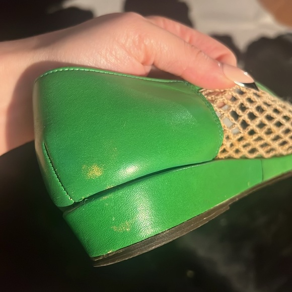 Vintage CHARLES JOURDAN Mesh Fishnet Raffia Slippers Wedge Flats Green Leather - Picture 11 of 16